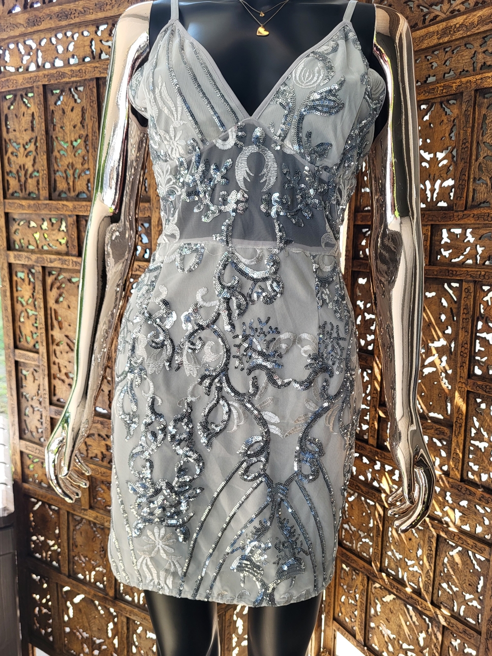 PLT | Strappy Silver Sheer Panel sequin bodycon dress| Size 10